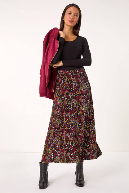 Ditsy Floral Elastic Waist A Line Midi Skirt