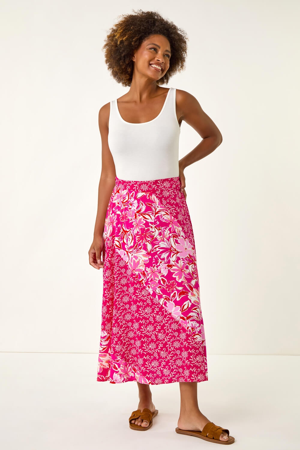 Mixed Floral Spot Print A Line Midi Skirt