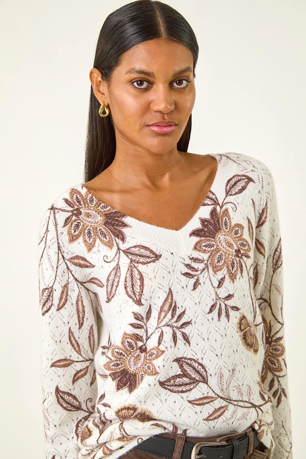 Floral Print V-Neck Knit Jumper