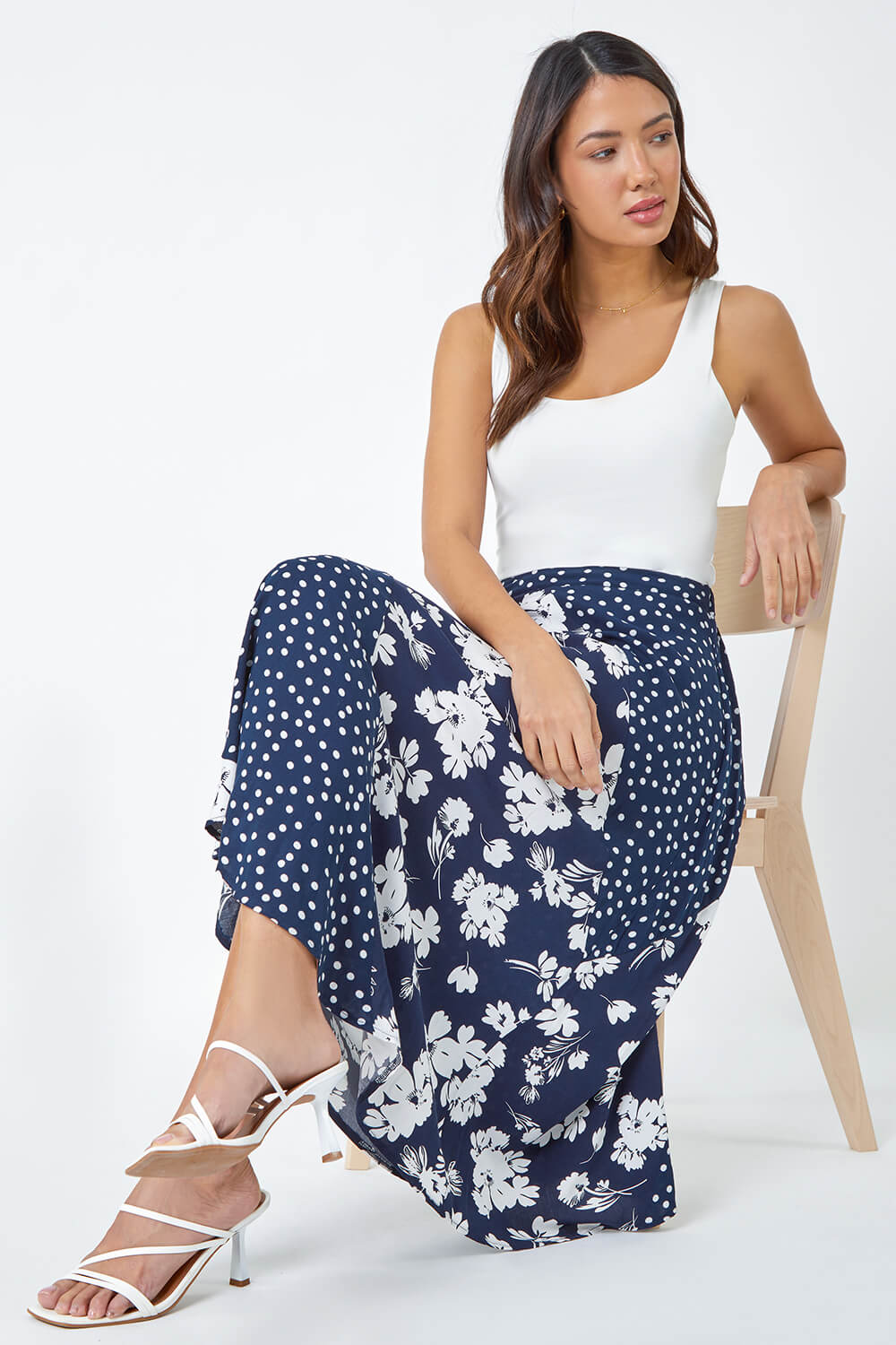 Mixed Floral Spot Print A Line Midi Skirt