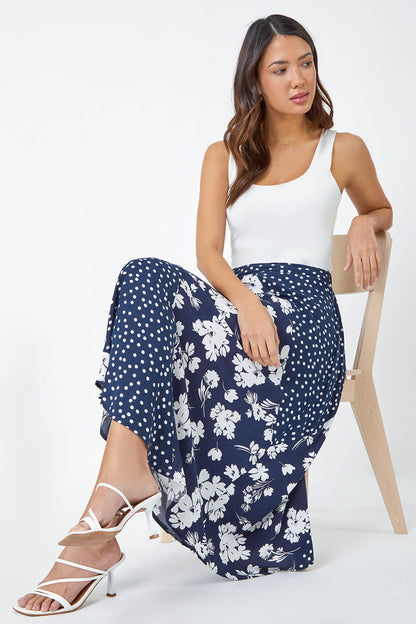 Mixed Floral Spot Print A Line Midi Skirt