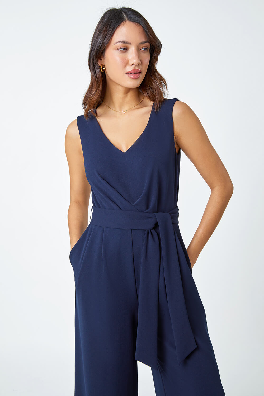 Pleat Detail Wide Leg Stretch Jumpsuit