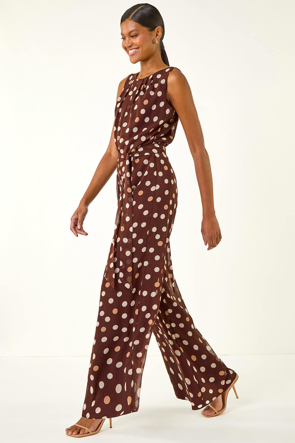 Spot Print Chiffon Belted Jumpsuit