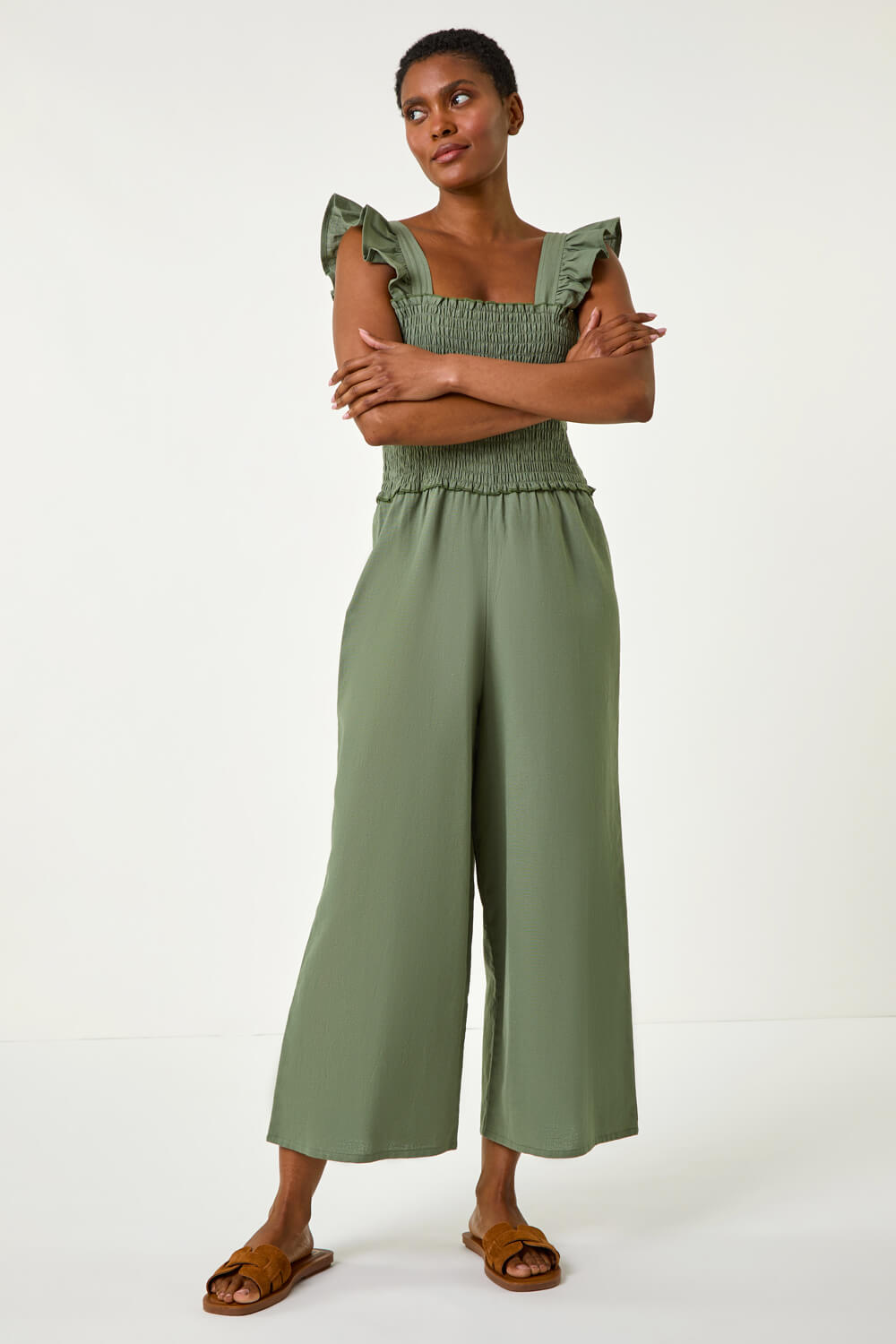 Linen Blend Frill Jumpsuit