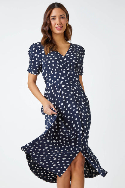 Polka Dot Ruched Sleeve Midi Dress