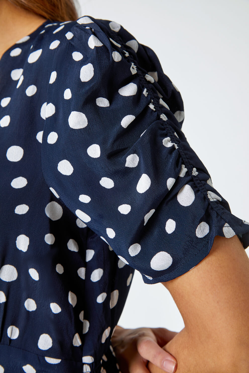 Polka Dot Ruched Sleeve Midi Dress