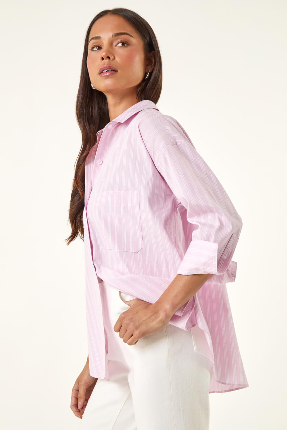 Petite Stripe Buttoned Pocket Front Shirt
